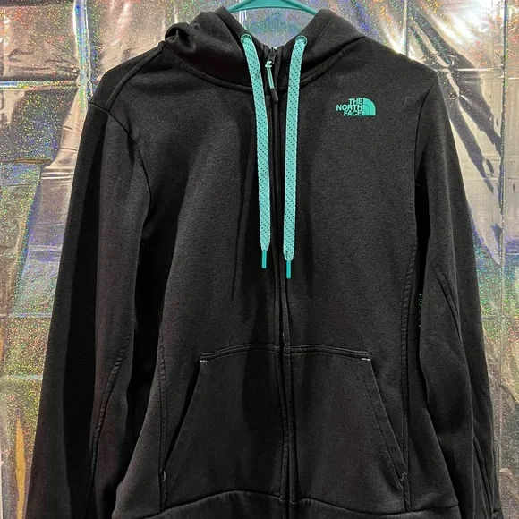 The North Face Dark Gray Full Zip Hoodie Teal Logo Women’s L - Picture 1 of 4